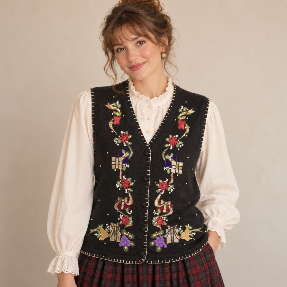 Vintage XL Sweater Vest Christmas Embroidered Beaded Velvet Whimsical Granny 90s